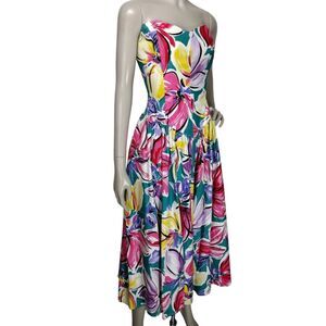 Vintage 80s Robbie Bee Colorful Strapless Bold Floral Full Midi Summer Dress